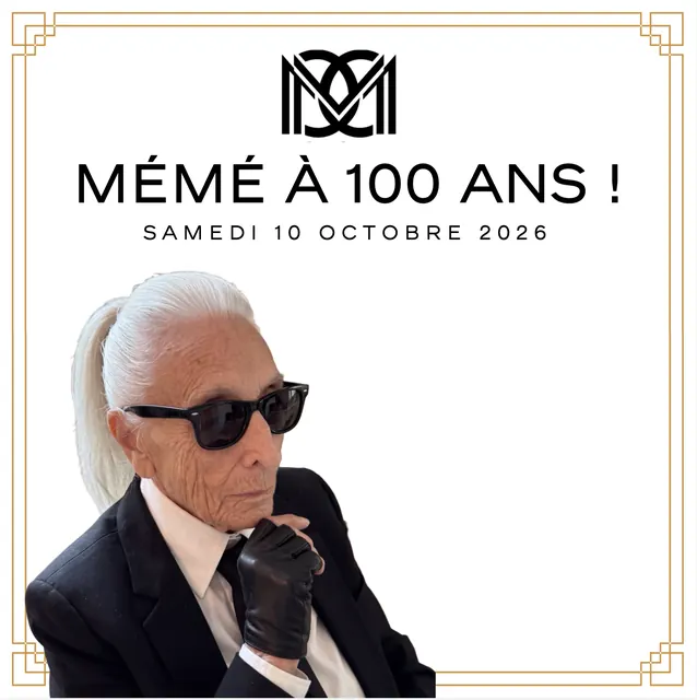 Invitation de la fête : « Mémé à 100 ans ! », avec le portrait de Mémé en lunettes noires
