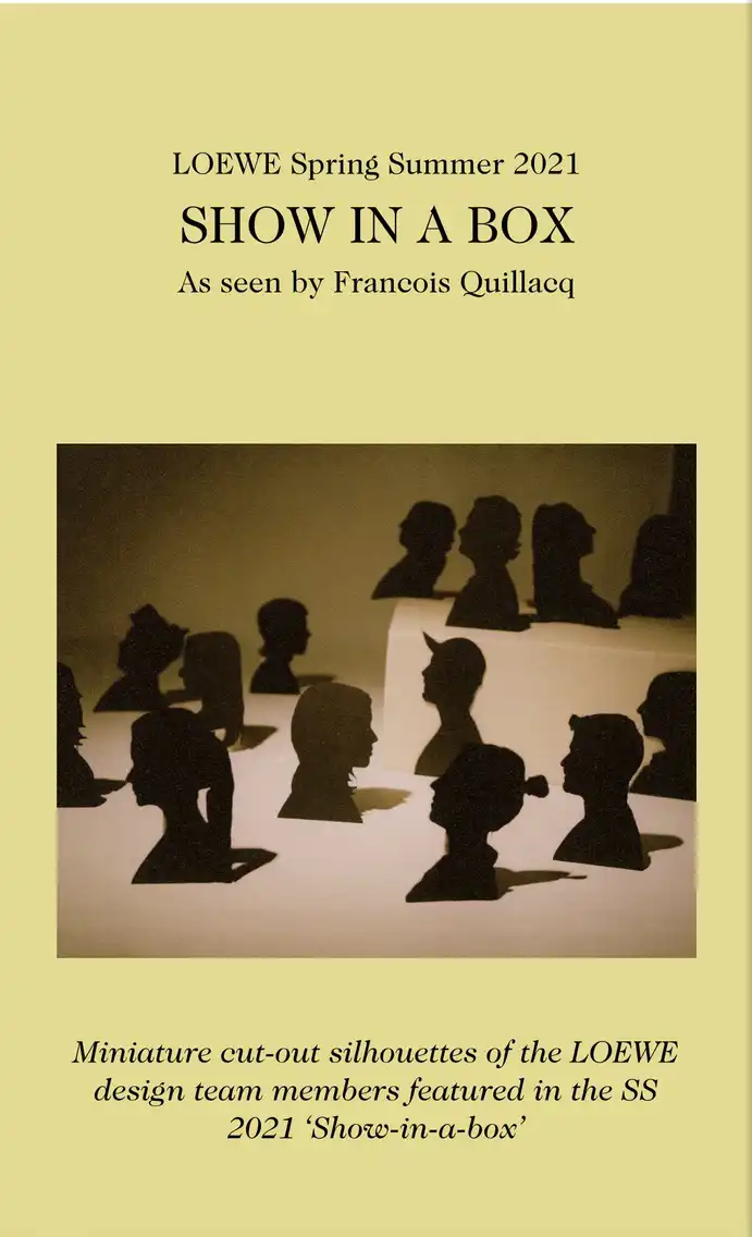 Couverture de A Magazine Curated By — « Show in a Box » vue par François Quillacq — présentant des silhouettes découpées miniatures de l’équipe de design LOEWE