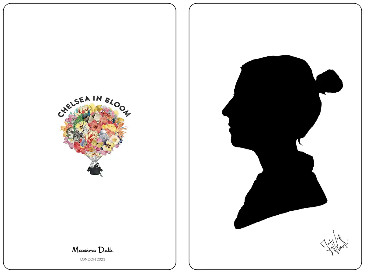 Exemple de silhouette découpée à la main montée sur une carte personnalisée Massimo Dutti